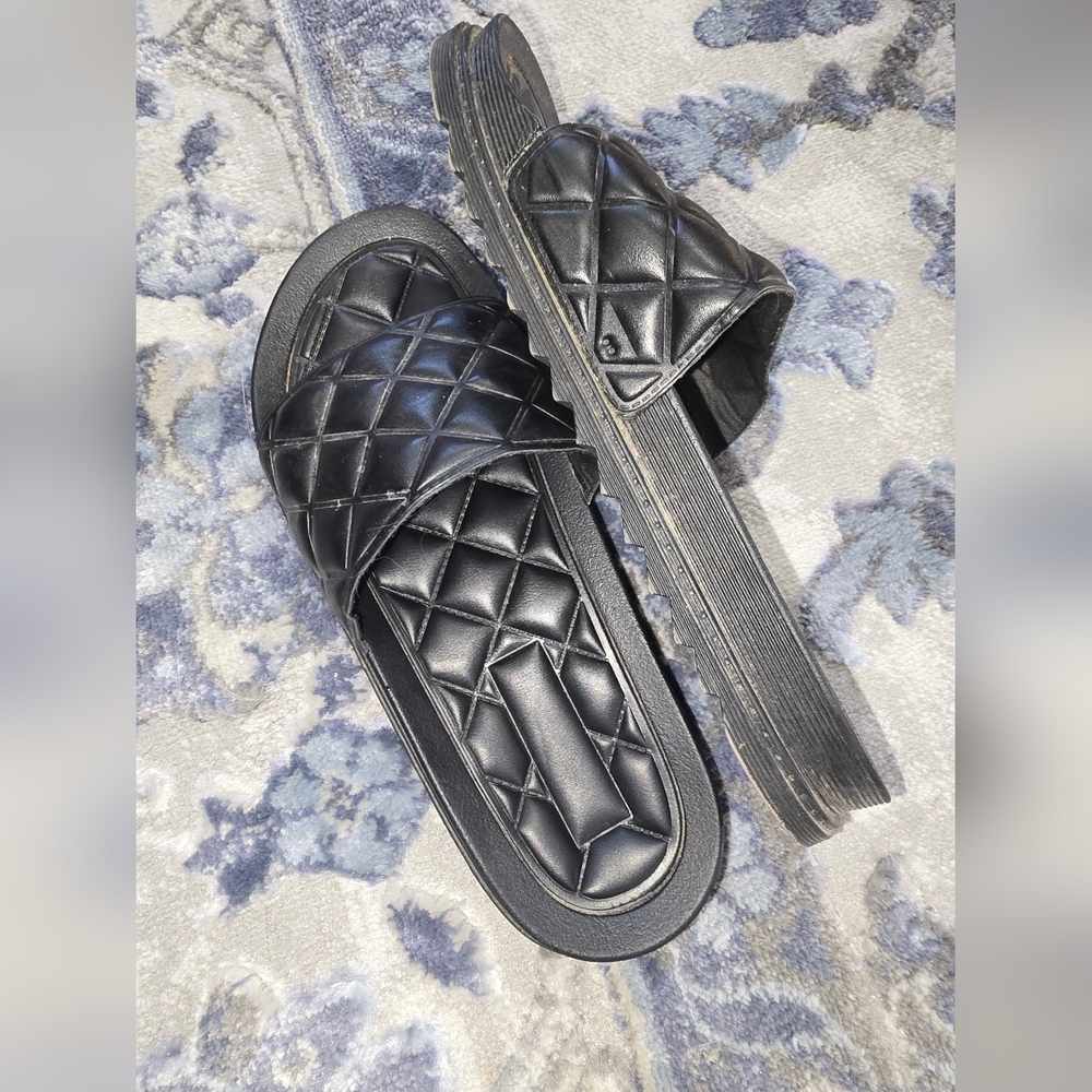 Black Quilted Slide Sandals